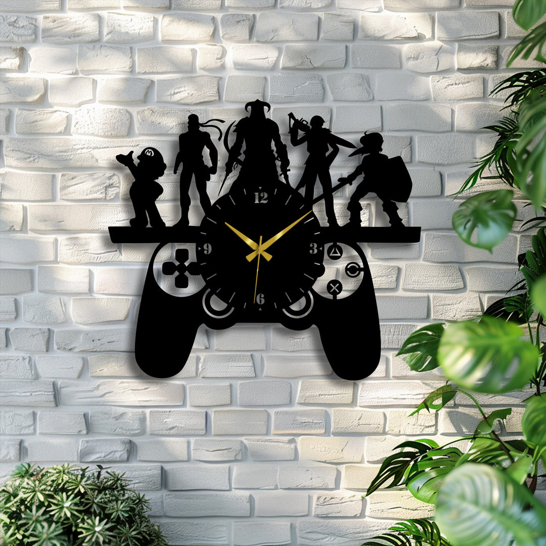 Lacking vibrant hues, the gaming controller characters metal wall clock presents a stark contrast against the brick, a subtle addition to minimalist home decor.