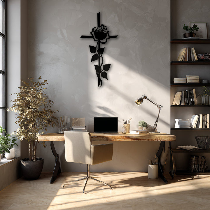 Highlighting impressive depth and visual layers, this elegant Rose Cross Silhouette metal wall art is a spiritual decoration wall art.