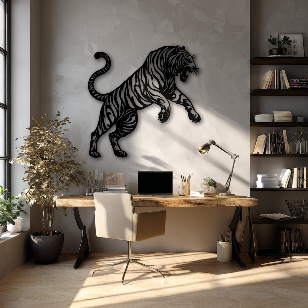 The realistic detail of the leaping tiger metal artwork prominently displays its bold stripes and snarling face, capturing intense wild power.