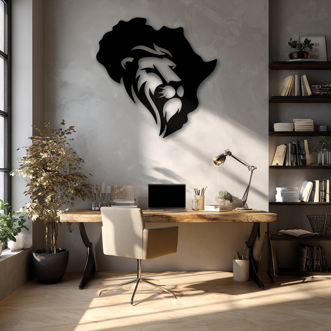 Sunlit wooden floors and a modern desk setup with a cream chair frame the impressive Africa Map metal art for wall above.