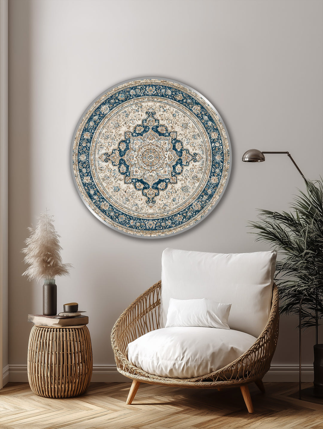 Heavy brushstrokes and subtle craquelure effects accentuate the surface texture of this Imperial Elegance vintage Persian mandala round oil painting reproduction print.
