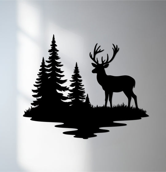The crisp edge highlights the rustic nature scene in this metal forest reflection deer decoration wall art, creating a striking silhouette with defined borders.