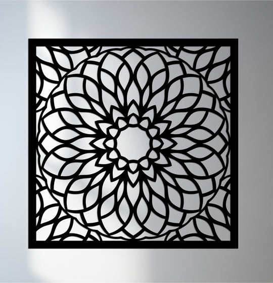 Foreground of the sacred geometry bloom shows intricate metal wall decor forming a mandala design with elegant details.