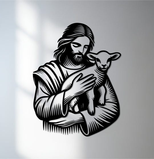 The realistic detail in this metal artwork showcases Jesus lovingly cradling a lamb, forming a poignant piece of Christian metal artwork.
