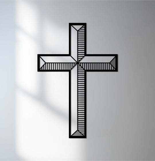 The focal point showcases an intricately designed silver linework cross, embodying a radiant symbol of faith and purity, a stunning piece of metal wall decor.