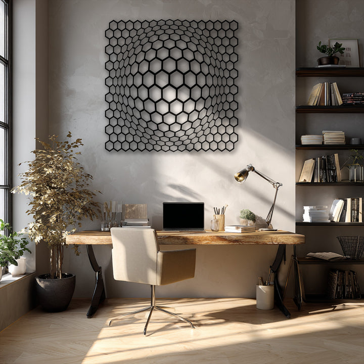The striking geometric hexagon depth illusion, a unique metal wall art piece, features an intricate 3D honeycomb design.