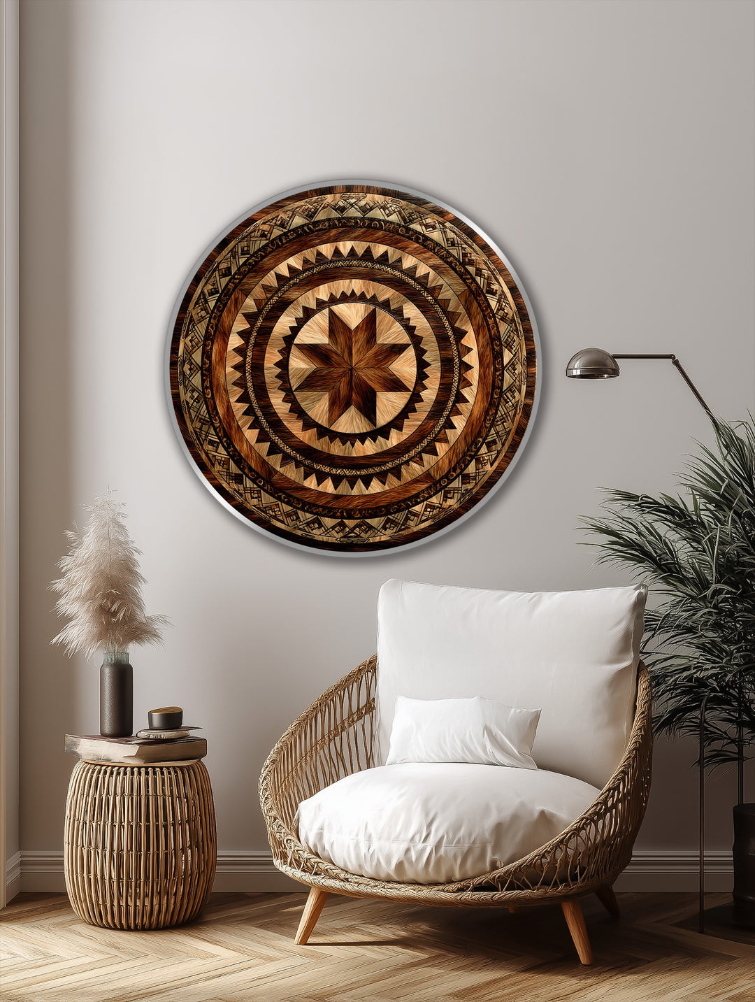 Featuring a textured, rustic finish, this round Tribal Sunburst Mandala showcases unique oil painting art prints with a geometric sunburst design.