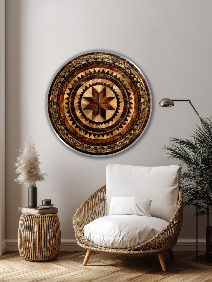 Featuring a textured, rustic finish, this round Tribal Sunburst Mandala showcases unique oil painting art prints with a geometric sunburst design.