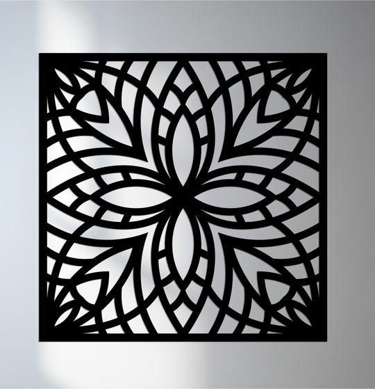 The subtle gradient backdrop enhances the unique metal wall art's intricate mandala design, drawing the eye to the symmetrical floral pattern.