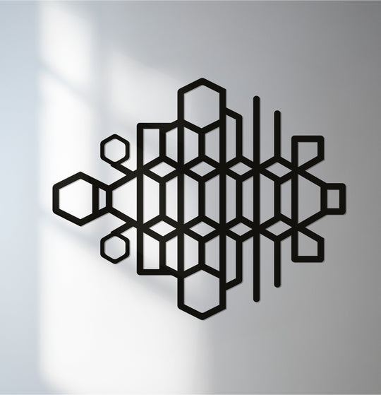 Striking geometric hexagon decoration wall art in black metal commands attention with its bold, abstract design and loud presence in a modern space.