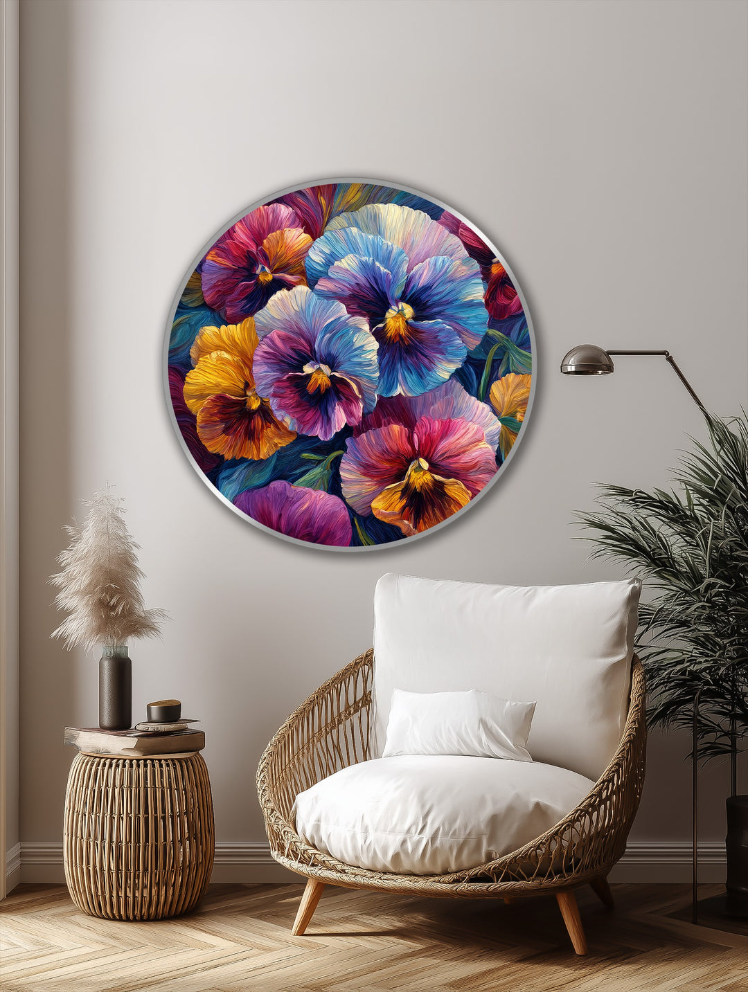 Vibrant Pansy Bloom Round Oil Painting