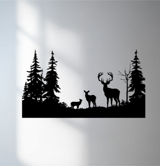 The darkest area reveals the intricate detail of this deer family in forest metal art for wall, a striking silhouette of rustic wildlife decor.