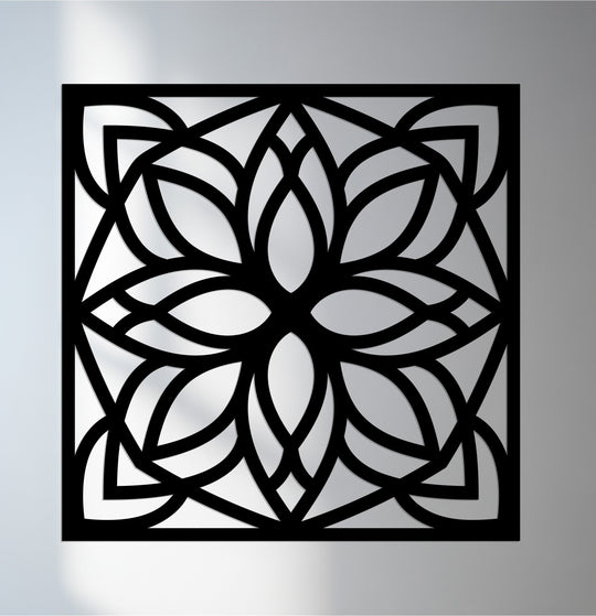 Featuring its geometric elements, this square metal wall art displays a symmetrical floral pattern, providing a modern decoration wall art for stylish homes.