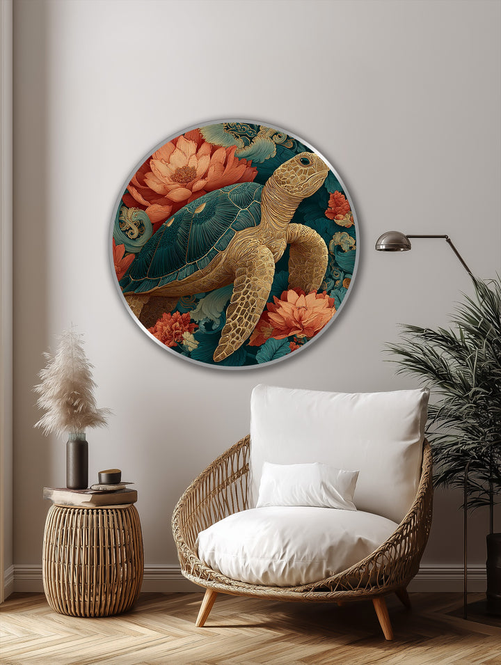 Dominant gold and teal hues accentuate the beauty of the golden sea turtle, an exquisite oil painting artwork featuring vibrant coral flowers on wood.
