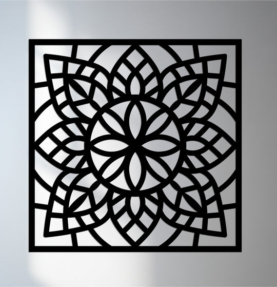 Interwoven pattern in this square metal wall art emphasizes the negative space, creating a mandala metal artwork with sacred symmetry.
