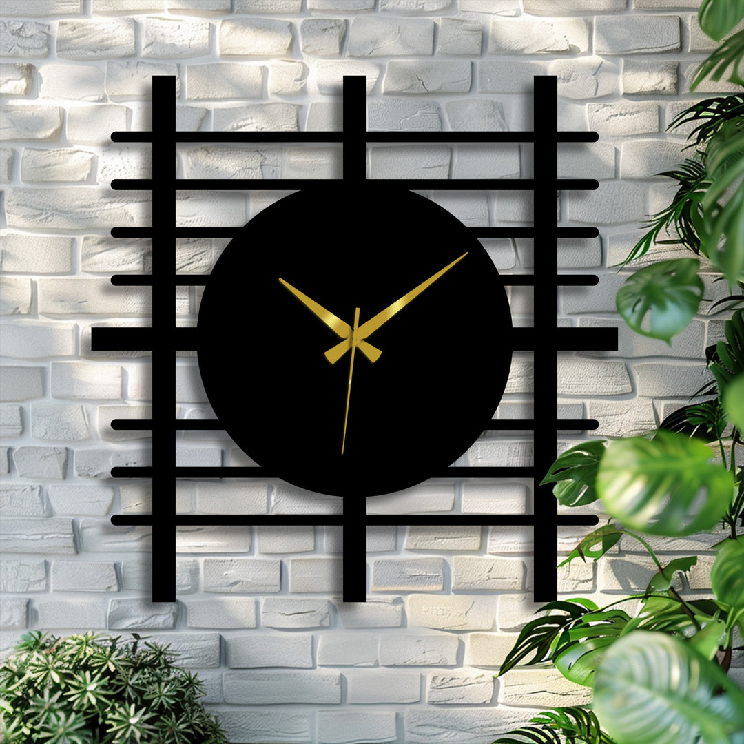 Dominating the scene, the modern grid panel metal wall clock, a captivating piece of metal art for wall, features bold gold hands against a stark black backdrop.