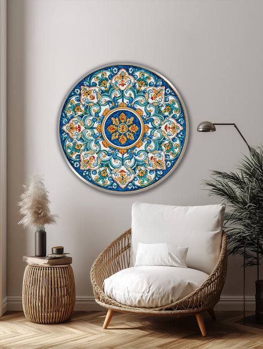 The realistic detail captures the intricate brushstrokes of the Azure Baroque Harmony ornamental mandala round oil painting reproduction print, showcasing Mediterranean-inspired artistry.