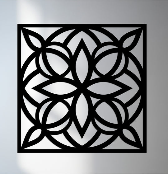 High color contrast defines this geometric floral decorative metal art, highlighting the square design's symmetrical balance.