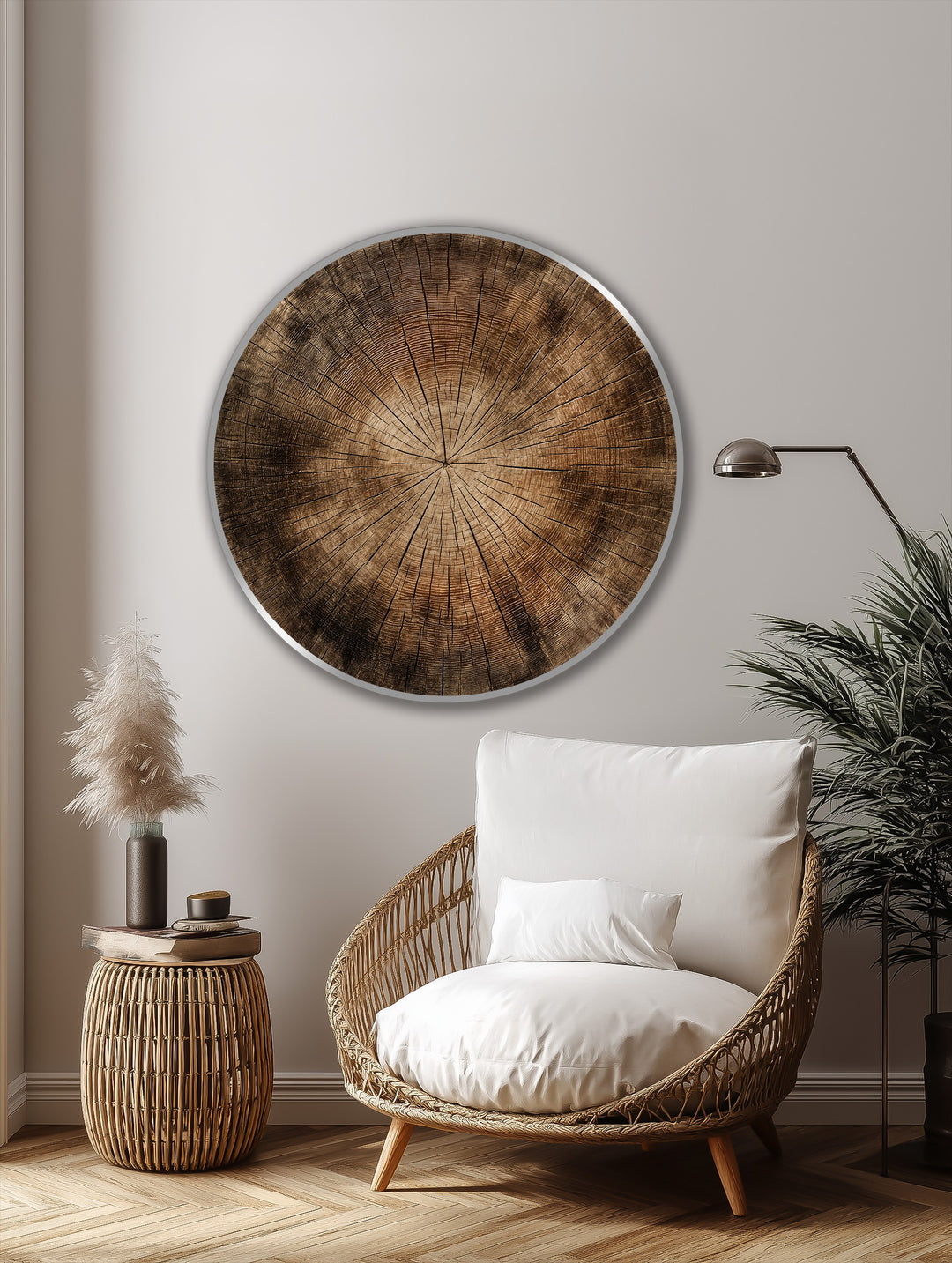 Brown dominates this oil painting art piece, showcasing a captivating, round natural wood texture with concentric rings, radiating a warm and rustic charm.