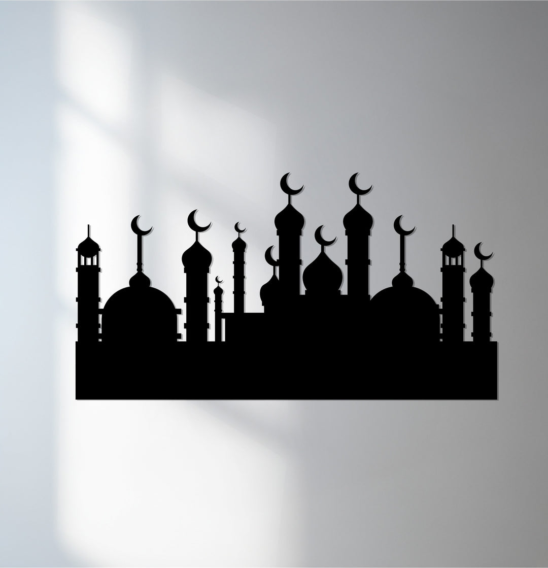 Crescent minarets skyline metal wall art