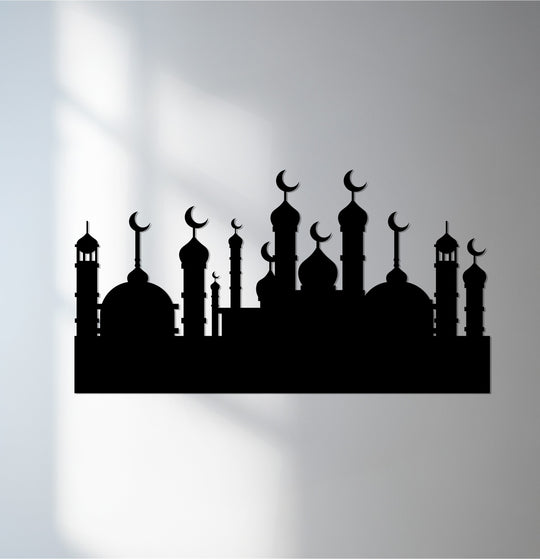 Negative space defines this Islamic skyline metal wall art, creating a striking silhouette that enhances its appeal as distinctive metal wall decor.