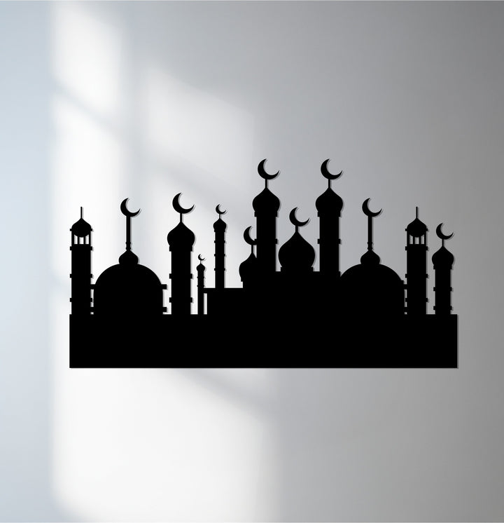 Crescent minarets skyline metal wall art