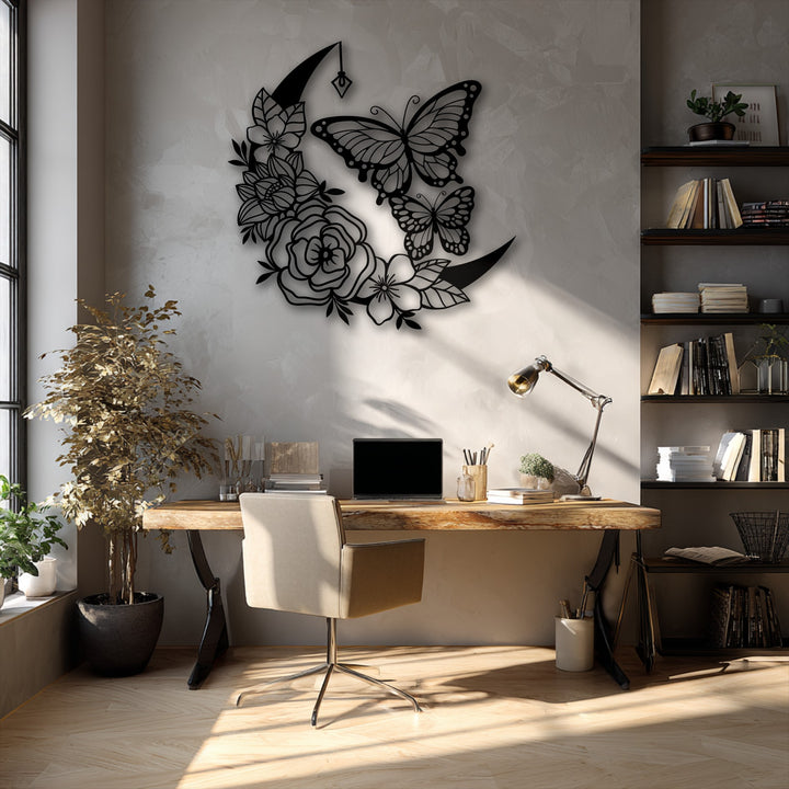 Low color saturation subtly emphasizes the elegant Moonlit Bloom Butterflies metal artwork against the room's soft, neutral palette.