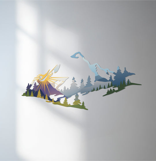 With vivid color saturation, the majestic sunrise over mountains decorative metal art features a bright sunburst and gradient trees on a nature landscape design.