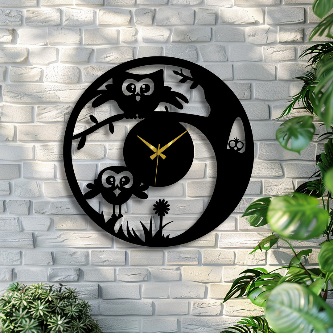 Softest light highlights the cute owl decorative metal art on this playful wall clock, casting a gentle glow on the charming design.