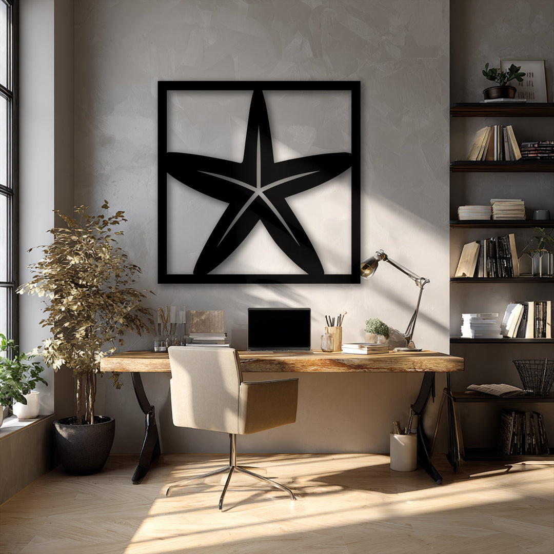 The prominent black framed starfish design, a captivating piece of decorative metal art, powerfully draws attention in this modern office.
