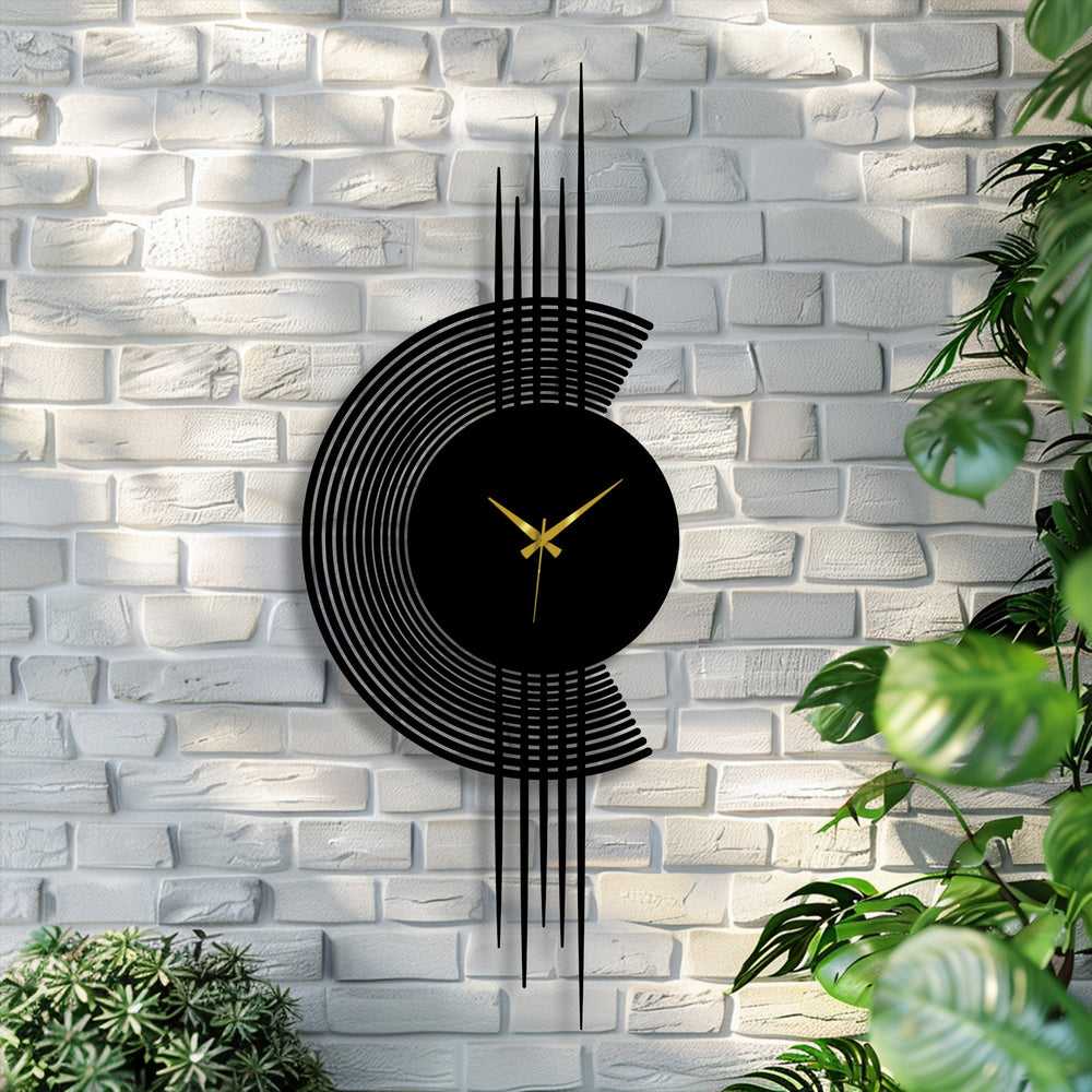 The realistic detail of the modern arc line metal wall clock showcases the sleek, minimal vertical design and elegant gold hands, resembling captivating metal art for wall.