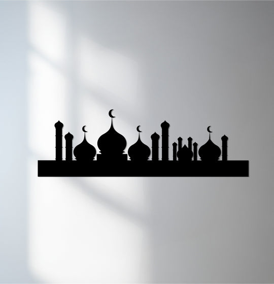 Cool color temperature emphasizes the sleek black silhouette of the Crescent Harmony Mosque Skyline metal art for wall, creating a calming minimalist Islamic decor piece.
