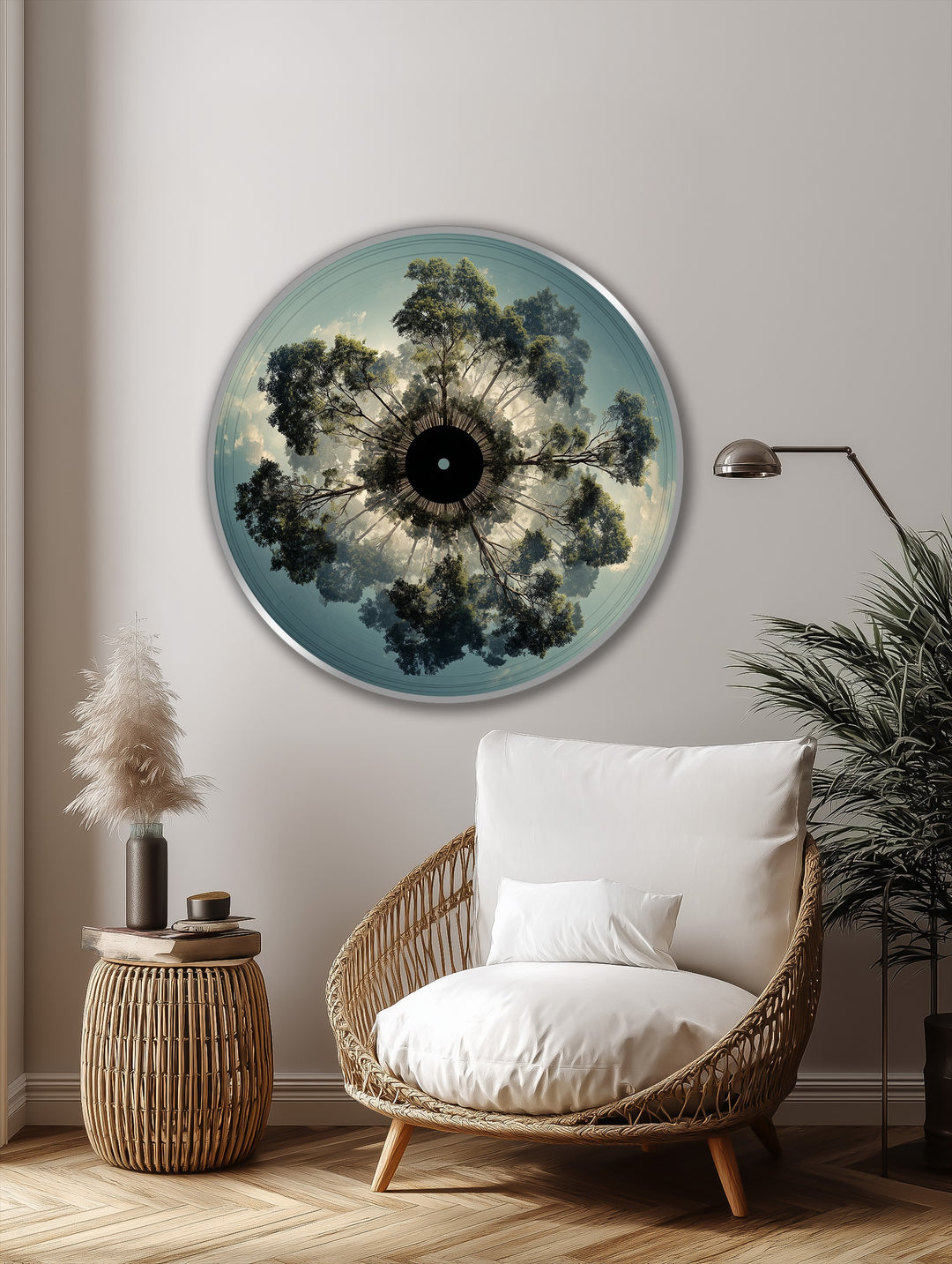 Light and shadow interplay in this celestial canopy oil painting wall art, highlighting the radial forest perspective with its immersive depth.