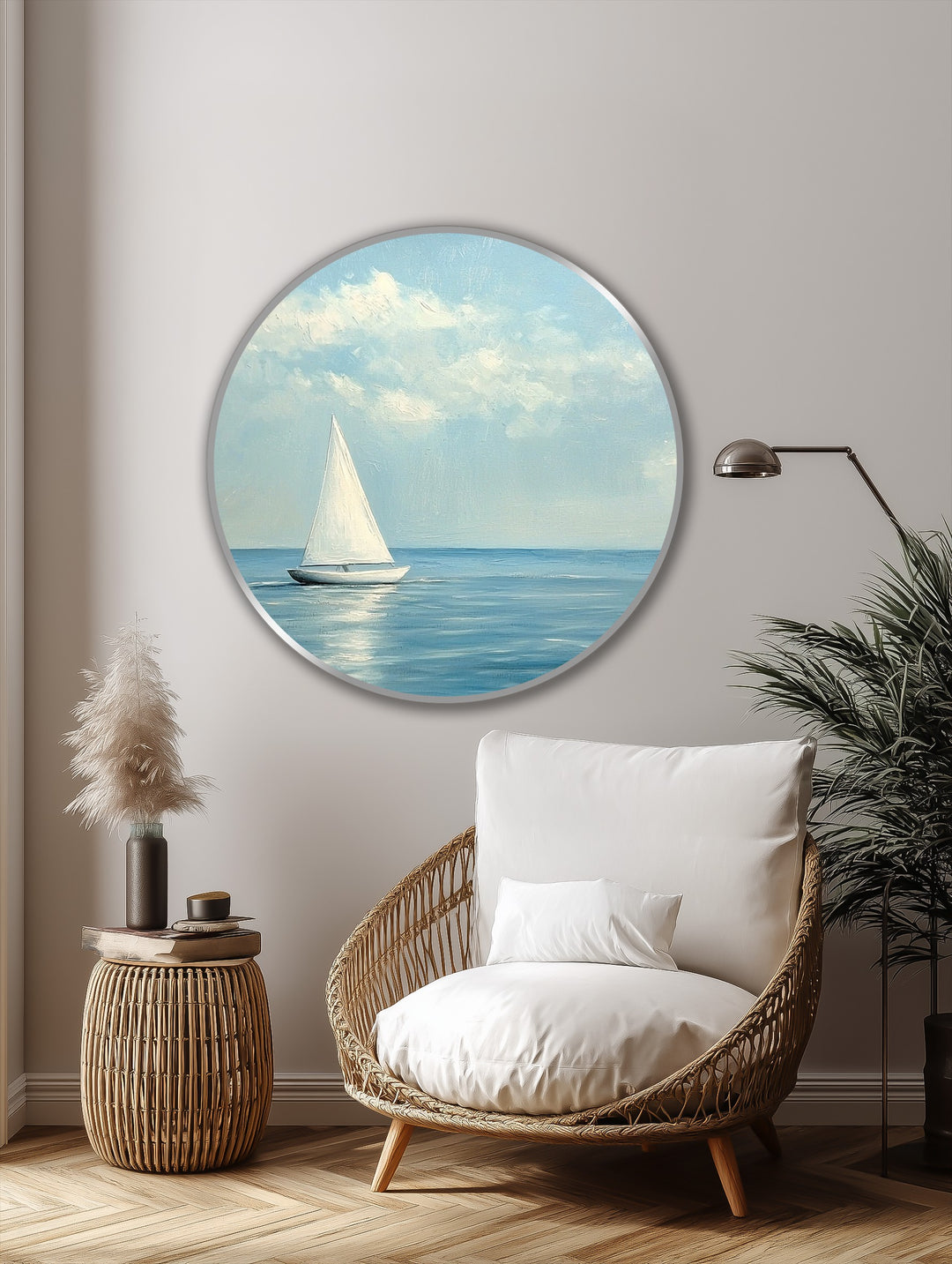Silent Horizon – Velero minimalista redondo Cuadro al óleo