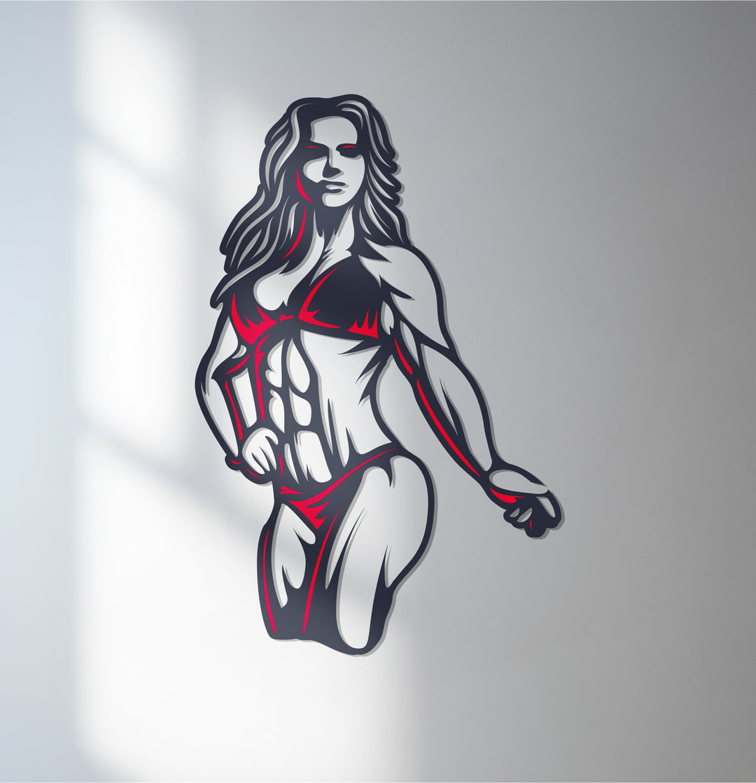 Fitness woman metal wall art in bold red and black design