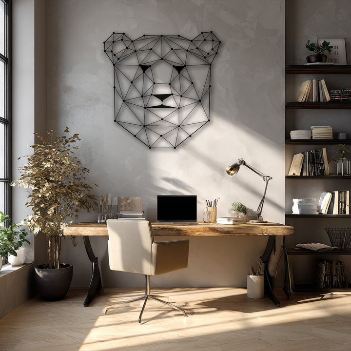 The abstract quality of the geometric bear face metal art for wall is highlighted by its interconnected lines and striking shadow patterns.