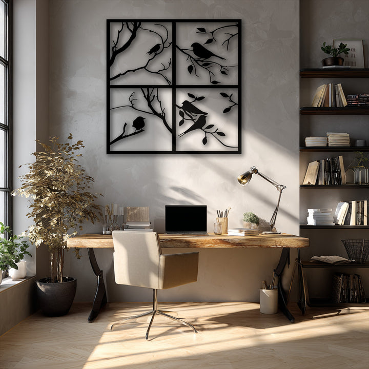 The focal point is a striking unique metal wall art featuring four panels with bird silhouettes, designed as a nature window frame decor.