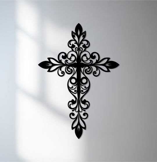 Showcasing the abstract quality of the ornate faith cross, a striking decoration wall art piece crafted from metal for a unique Christian-inspired aesthetic.