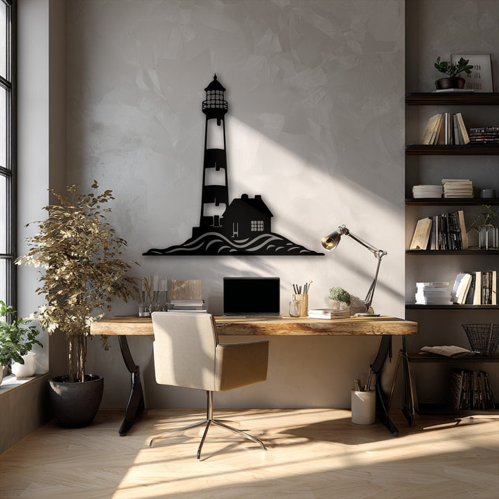Soft grey and beige tones dominate the scene featuring a striking black coastal lighthouse decorative metal art piece.
