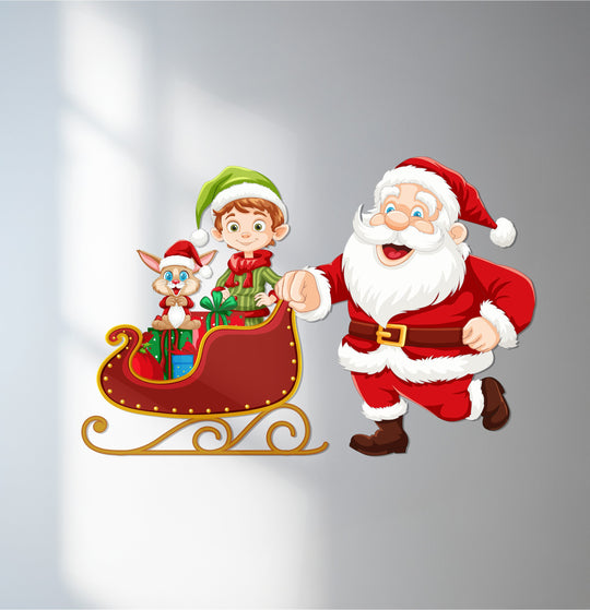 Santa's soft white beard catches the light in this festive decoration wall art featuring a running Santa, a cheerful elf, and a gift-laden sleigh ride.