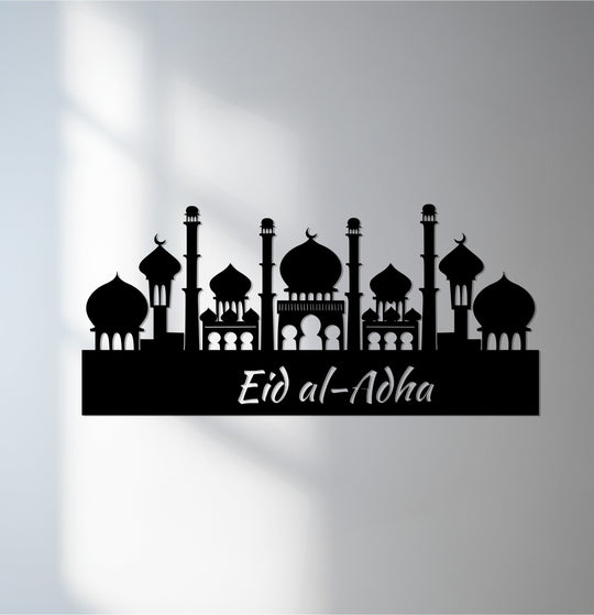 The brightest area highlights the Eid al-Adha Mosque skyline metal wall decor, showcasing its silhouette design with a festive Islamic theme.