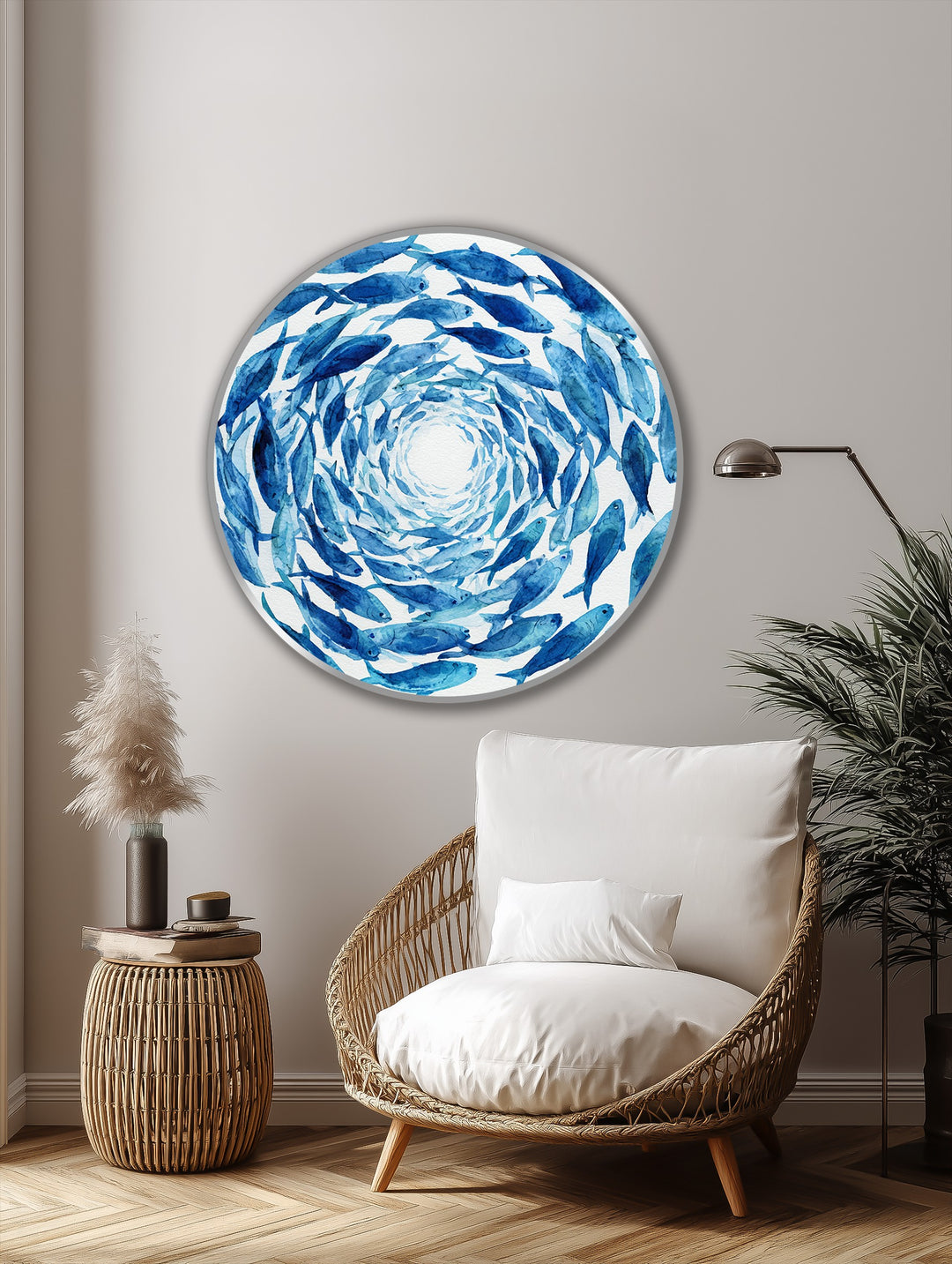 Softly swirling within the wood framed oil painting artwork, an azure school of fish forms a spiral, creating a mesmerizing focal point.