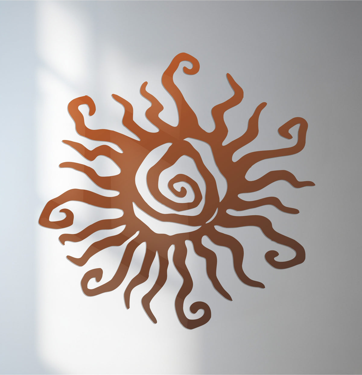 Bohemian spiral sunburst design shows the rich texture and rustic copper finish of this handcrafted metal wall decor, highlighting its superb material quality.