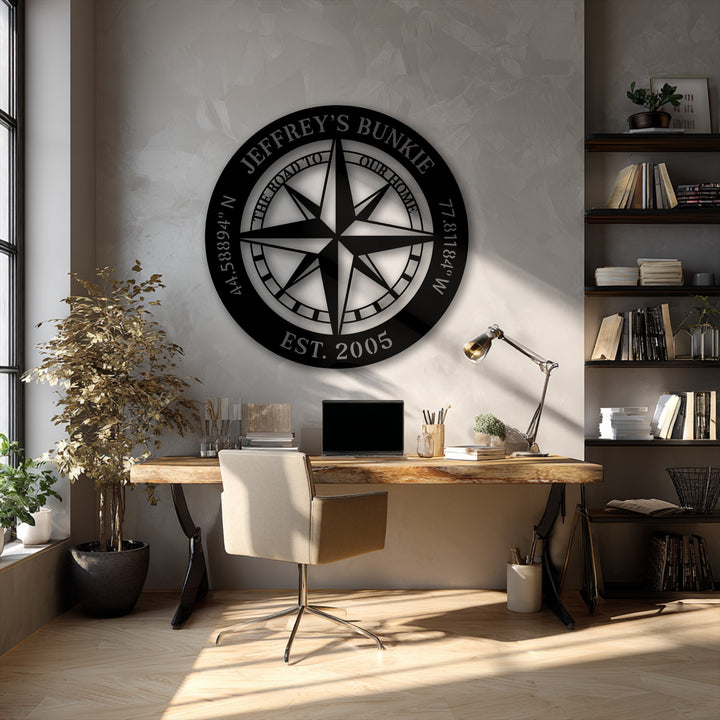 Showcasing profound depth and intricate layers, this personalized compass metal artwork stands out against the textured wall.