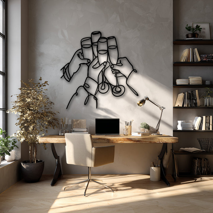 A vibrant, celebratory mood emanates from the modern decorative metal art depicting a cheerful toast of champagne flutes.