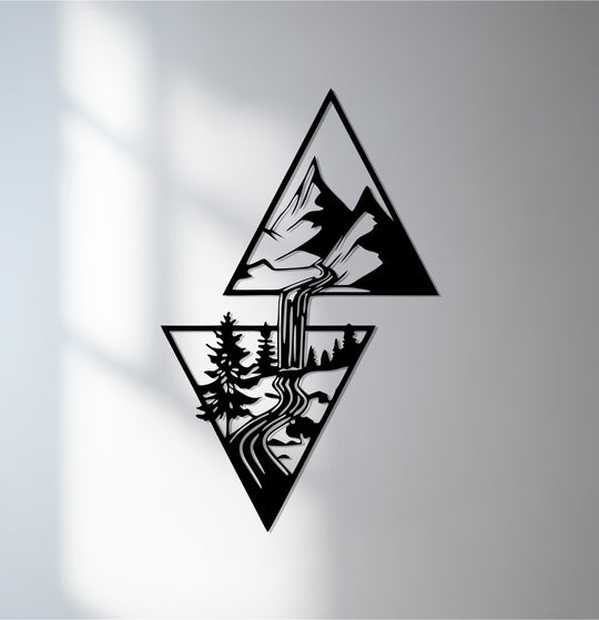 Black best glass art finish showcases the striking Mountain Cascade metal wall art, a nature-inspired home decor piece with a modern aesthetic.