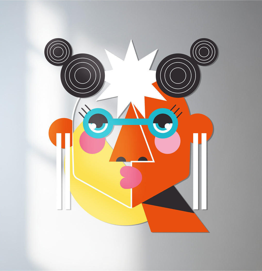 Abstract woman metal wall art with colorful geometric shapes