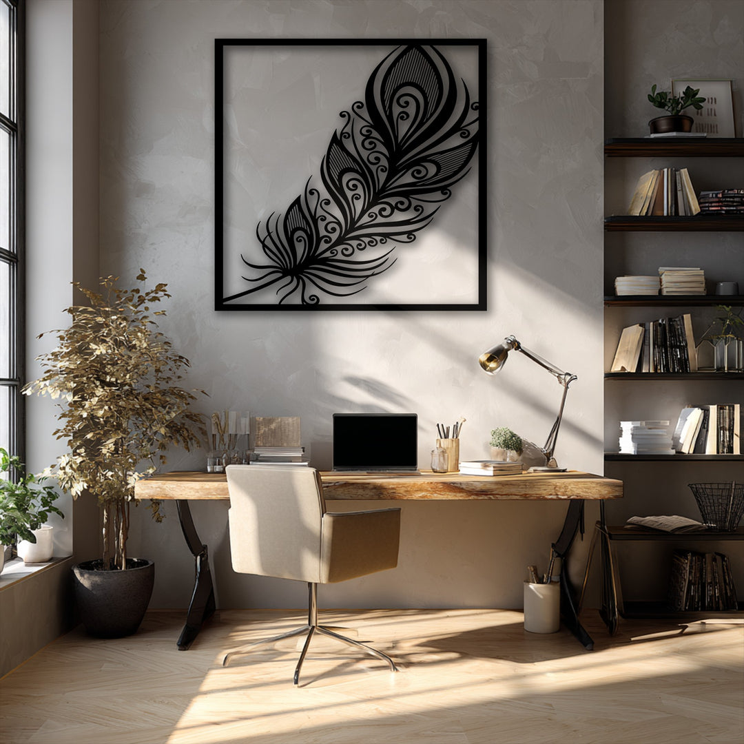 The elegant ornate feather metal wall art showcases a captivating visual rhythm with its intricate swirls and dynamic lines, a striking decoration wall art.