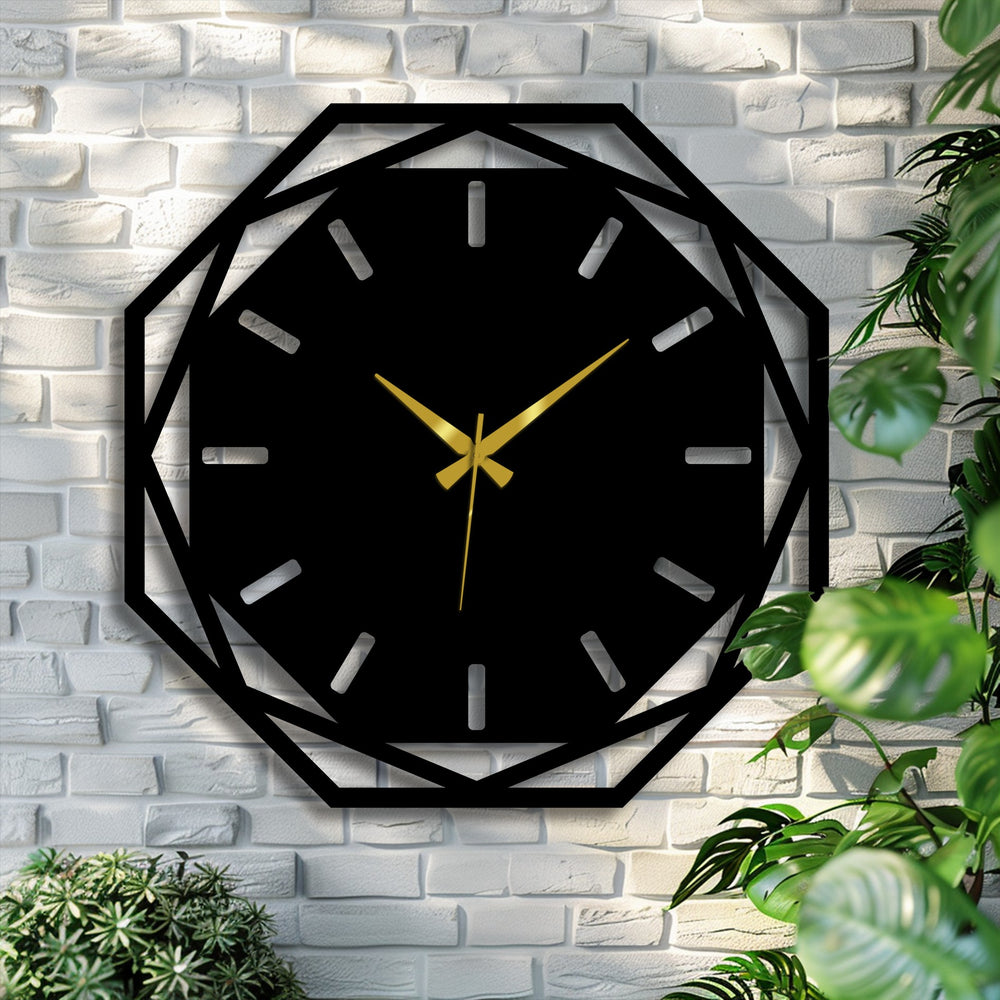 Layering creates an intricate look in this modern octagonal geometric metal wall clock, offering a unique decoration wall art with its striking black and gold design.
