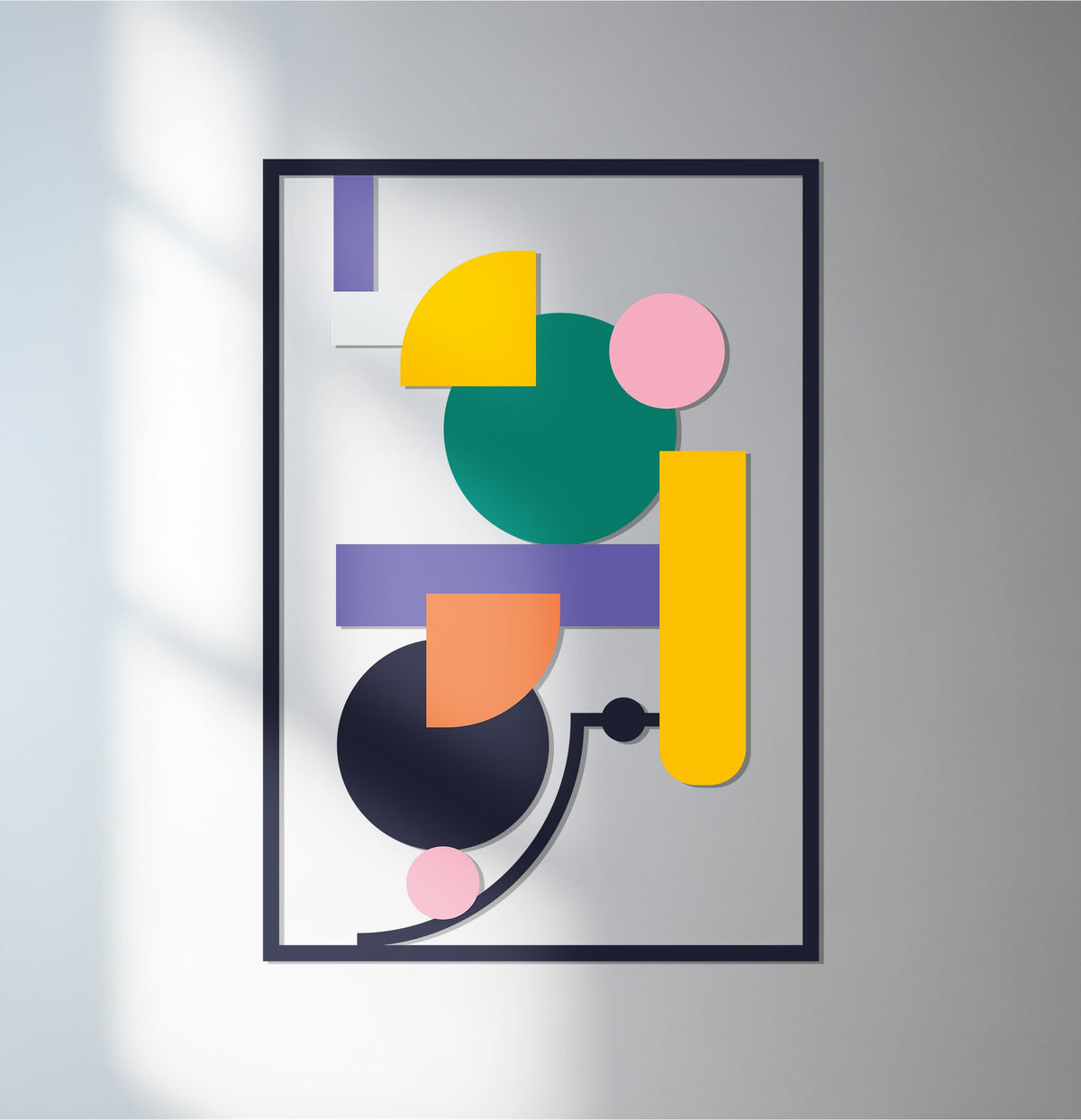 Negative space highlights the floating shapes within this geometric balance metal art for wall, a modern abstract composition framed in dark metal.